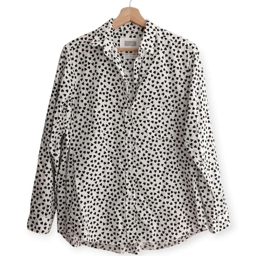 Grayson The Hero Heart Print Button Up Blouse White and Black Size 3 Or Medium